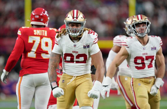 San Francisco 49ers defensive end Chase Young (92) reacts after a play against the Kansas City Chiefs during the first quarter of Super Bowl LVIII at Allegiant Stadium. Mandatory Credit: Kirby Lee-USA TODAY Sports